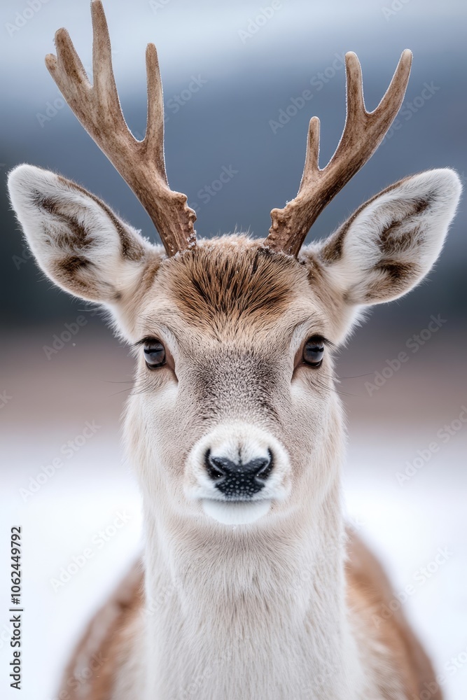 A close up of a deer with antlers in the snow A close up of a deer with antlers in the snow