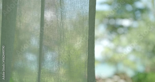 window with leaves in the garden wind curtains blown door. open window swaying wind curtain living room.