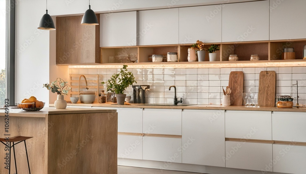 Fototapeta premium White and wooden kitchen corner with island