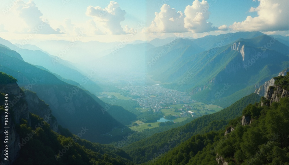 Obraz premium Valley Town Between Mountain Walls
