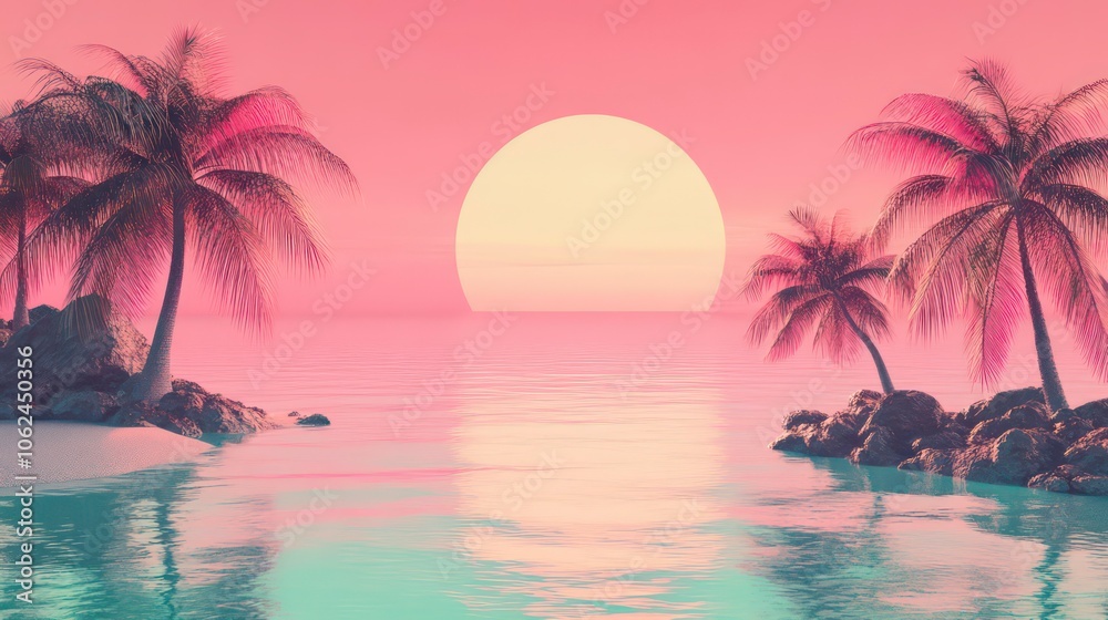 A retro sunset with pastel colors, palm trees and the ocean The minimalistic design features clean lines evoking feelings of warmth and relaxation for a summer vacation A retro sunset with pastel colors, palm trees and the ocean The minimalistic design features clean lines evoking feelings of warmth and relaxation for a summer vacation