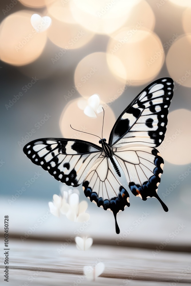 Fototapeta premium A black and white butterfly sitting on top of a wooden table