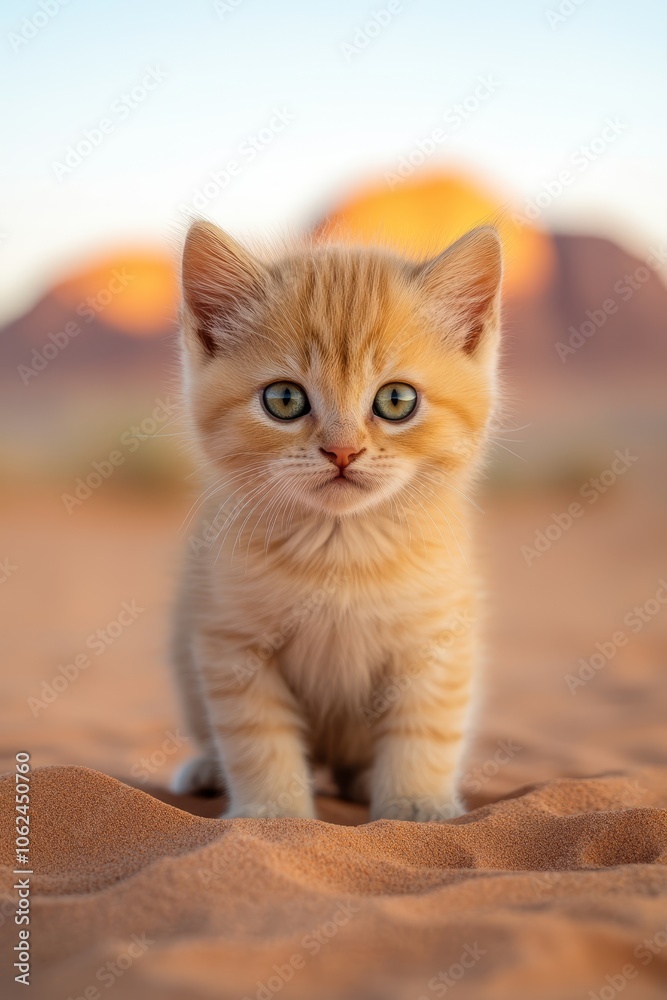 Obraz premium A small orange kitten sitting in the sand in the desert