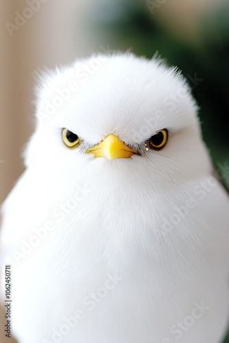 A close up of a white bird with yellow eyes