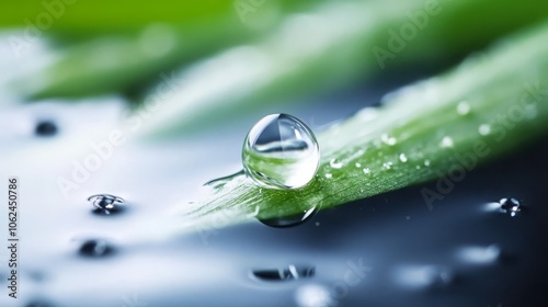 A drop of water sitting on top of a green leaf