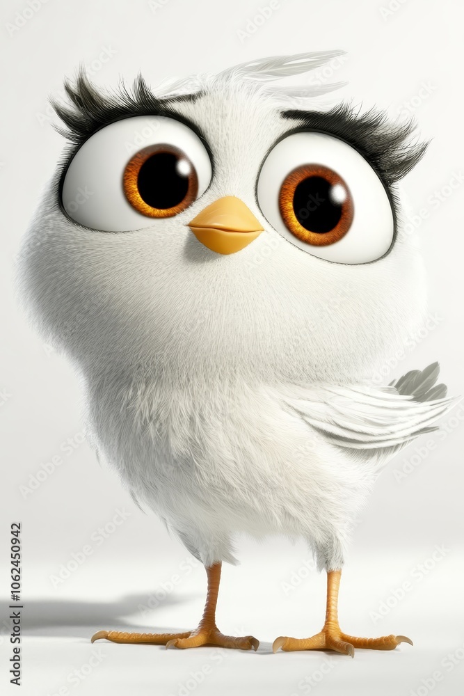 A white bird with big eyes standing on a white surface A white bird with big eyes standing on a white surface