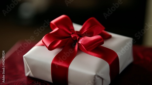 A white gift box with a red ribbon tied around it