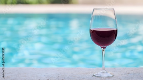 A glass of red wine sitting next to a swimming pool