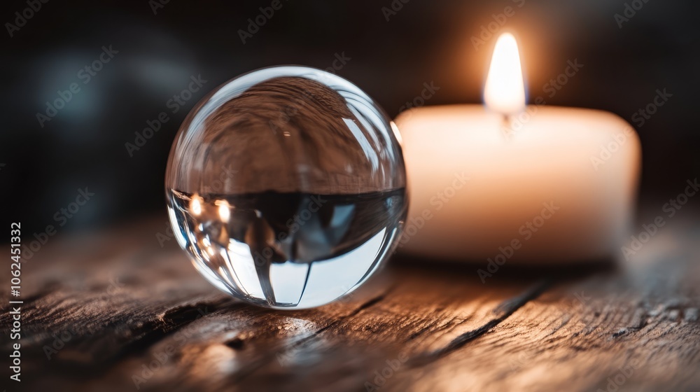A glass ball sitting on top of a wooden table next to a candle A glass ball sitting on top of a wooden table next to a candle