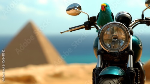 A parrot sitting on the handlebars of a motorcycle in front of a pyramid