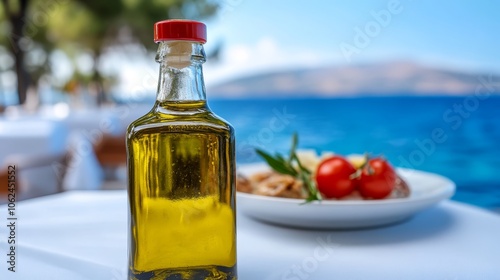 A bottle of olive oil sitting on a table next to a plate of food