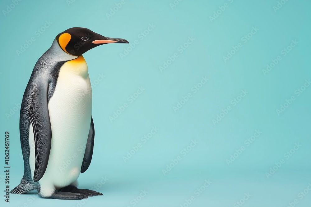 Obraz premium Regal emperor penguin on vibrant turquoise background. Penguin Awareness Day