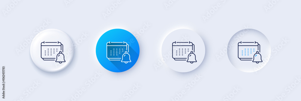 Notification bell line icon. Neumorphic, Blue gradient, 3d pin buttons. Calendar sign. Event reminder symbol. Line icons. Neumorphic buttons with outline signs. Vector Notification bell line icon. Neumorphic, Blue gradient, 3d pin buttons. Calendar sign. Event reminder symbol. Line icons. Neumorphic buttons with outline signs. Vector