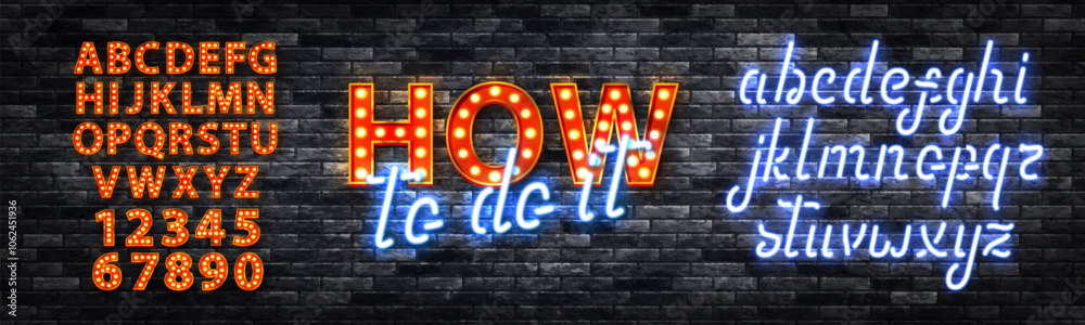 Vector neon sign of How To Do It with alphabet font isolated on wall background. Vector neon sign of How To Do It with alphabet font isolated on wall background.