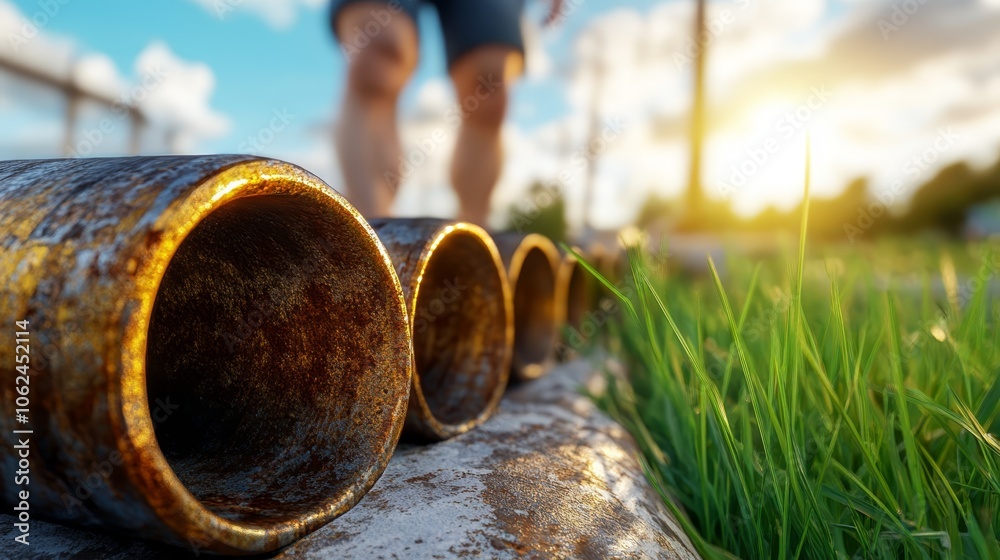 A man running on a grassy field next to a row of rusty pipes A man running on a grassy field next to a row of rusty pipes