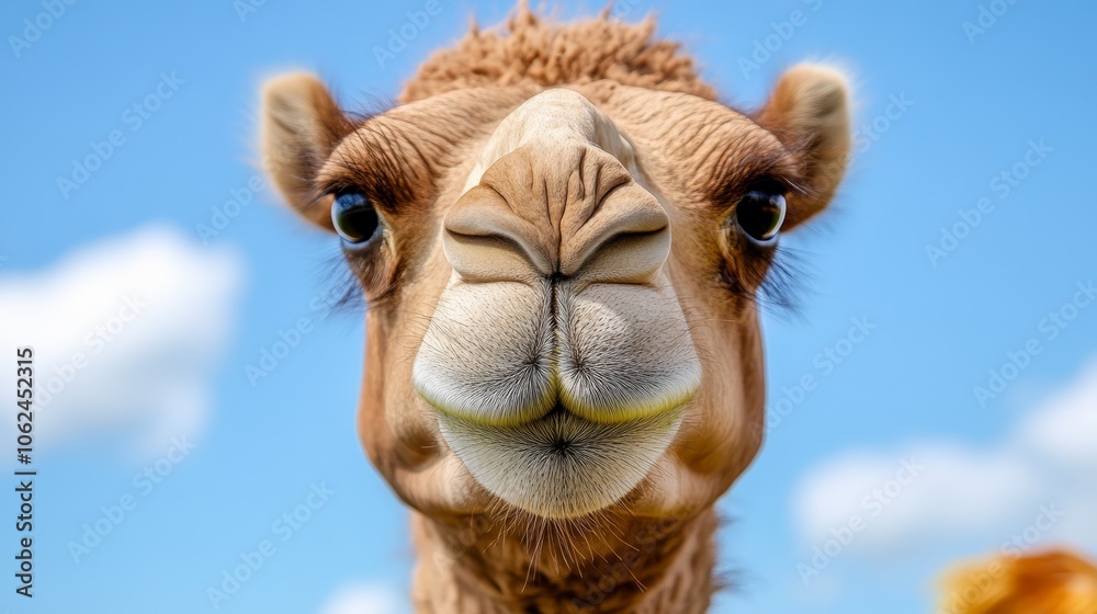 Obraz premium A close up of a camel's face with a blue sky in the background