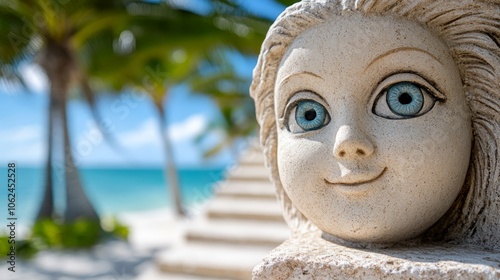 A statue of a girl with blue eyes on a beach
