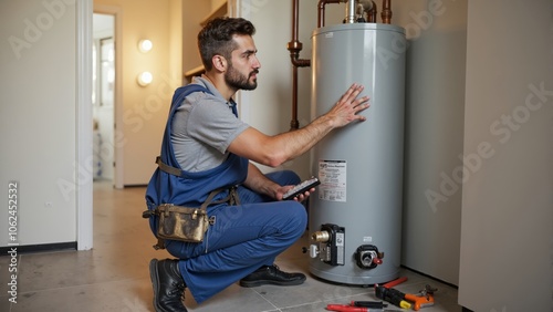Professional technician inspecting a water heater in a modern home during daytime repairs