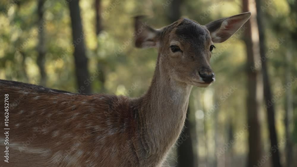 Roe deer looking straight at camera shaking its ears close up slow motion. Young true deer grazing in the wild. Whitetail sika deer walking in forest Roe deer looking straight at camera shaking its ears close up slow motion. Young true deer grazing in the wild. Whitetail sika deer walking in forest