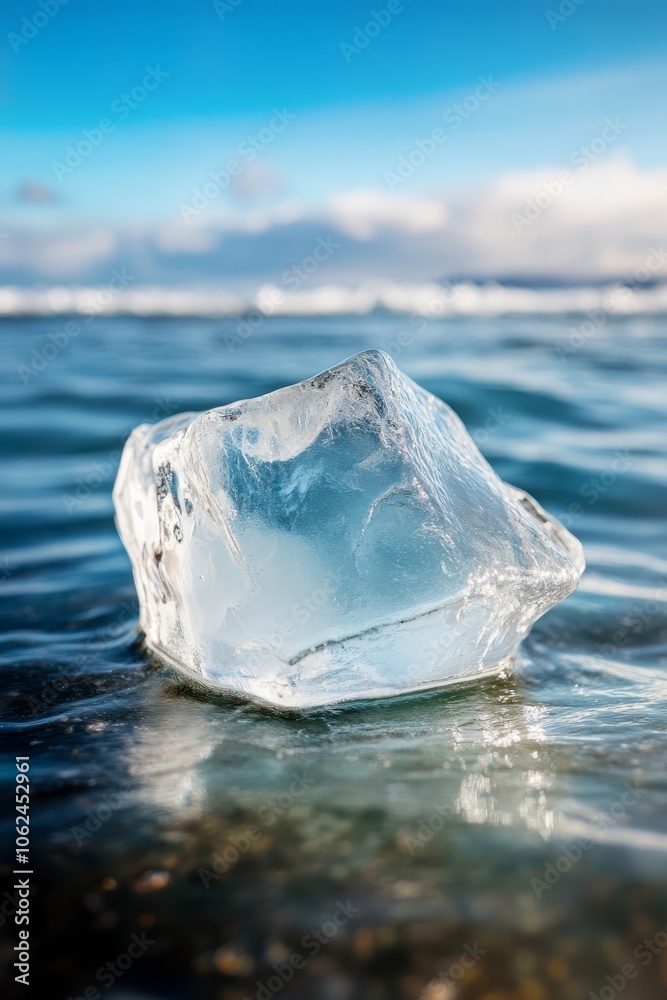 A large ice cube floating on top of a body of water A large ice cube floating on top of a body of water