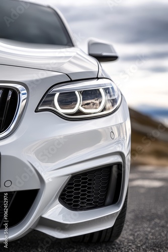 A close up of the front end of a white car