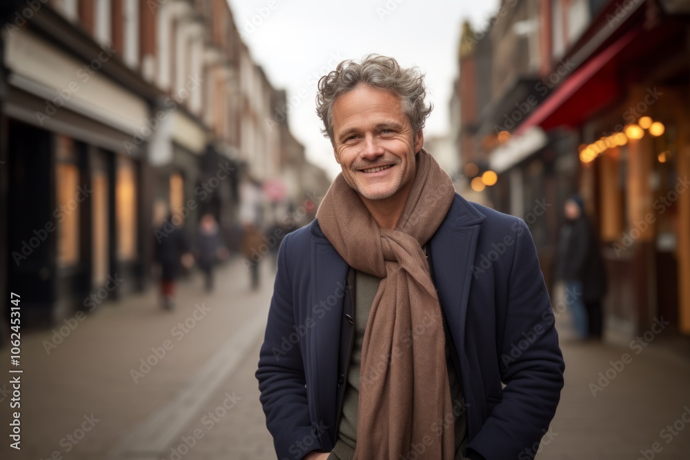 Portrait of a handsome middle-aged man wearing a coat and scarf on a street in London. Portrait of a handsome middle-aged man wearing a coat and scarf on a street in London.