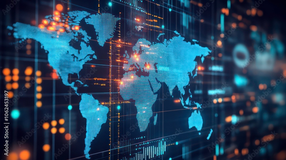 3D rendering of global network connection and innovation concept with screen texture of abstract global stats data on digital interface, world map on dark technological background 3D rendering of global network connection and innovation concept with screen texture of abstract global stats data on digital interface, world map on dark technological background