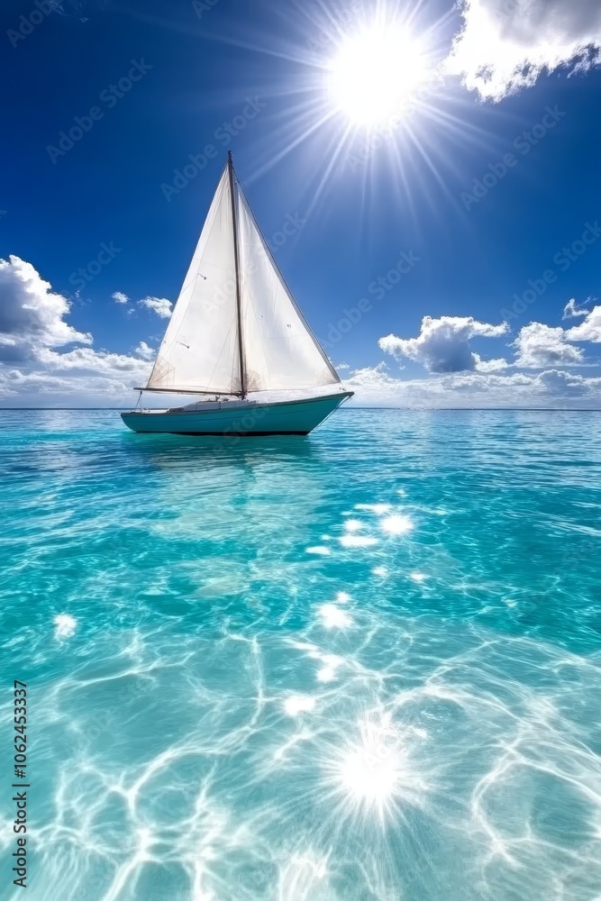 Fototapeta premium A sailboat floating in the ocean under a bright blue sky