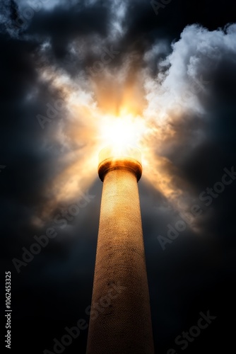 A tall tower with the sun shining through the clouds