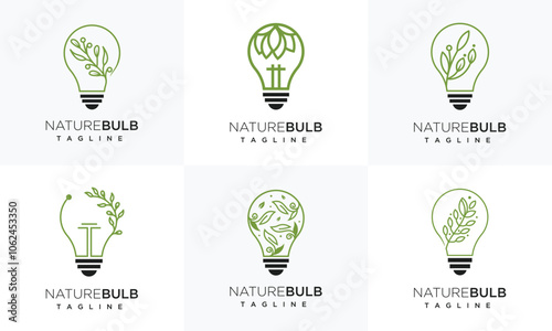 Collection of vector logos of light bulbs with leaves. Creative natural energy symbol icons.	
