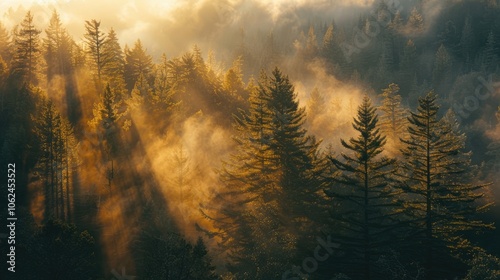 Forest on mountain with sunlight filtering through branches at sunset sky.