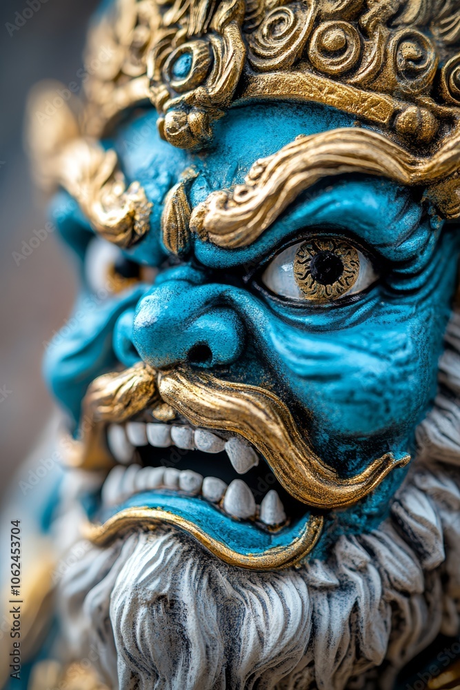 A close up of a blue and gold statue of a lion A close up of a blue and gold statue of a lion