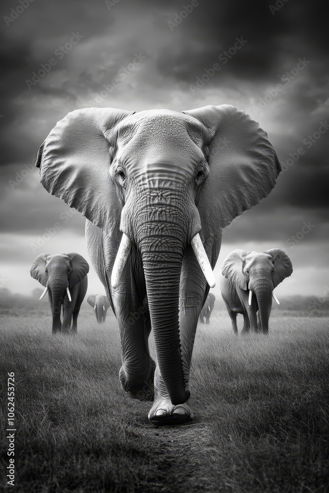 Naklejka premium A herd of elephants walking across a grass covered field