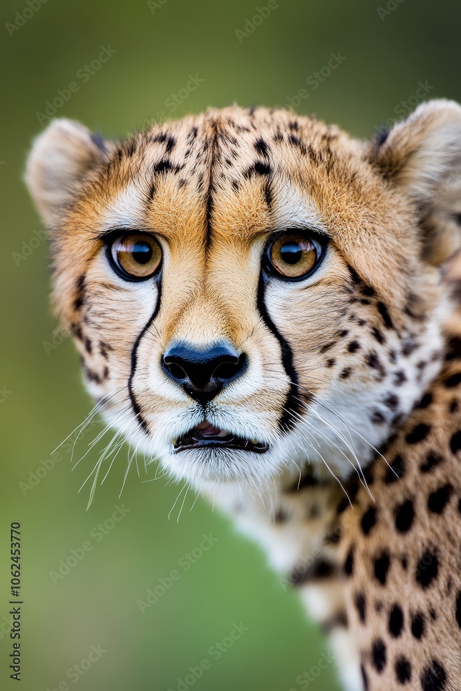 A close up of a cheetah's face with a green background A close up of a cheetah's face with a green background