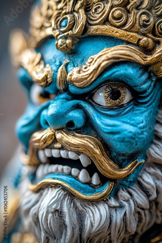 A close up of a blue and gold statue of a lion