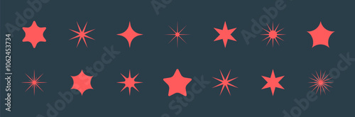 Red Various Cool Star Forms Isolate on Dark Backdrop Vector Graphic Design Elements Bundle. Different Abstract Twinkle Sparkle Shine Effect Clip Art Collection. Geometric Graphical Magic Shine Symbols