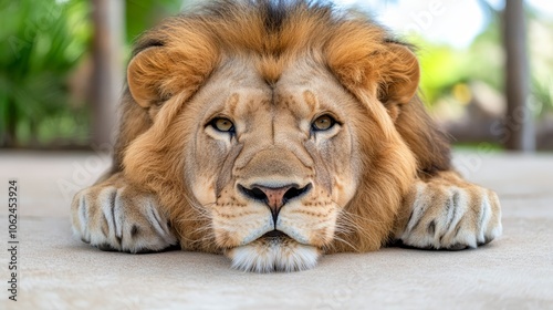 A lion laying down on the ground with its eyes closed