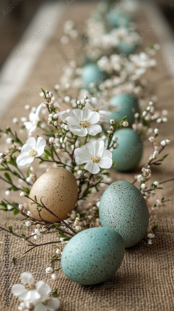Natural and decorative eggs arranged on a table with spring flowers in a vase during daylight Natural and decorative eggs arranged on a table with spring flowers in a vase during daylight