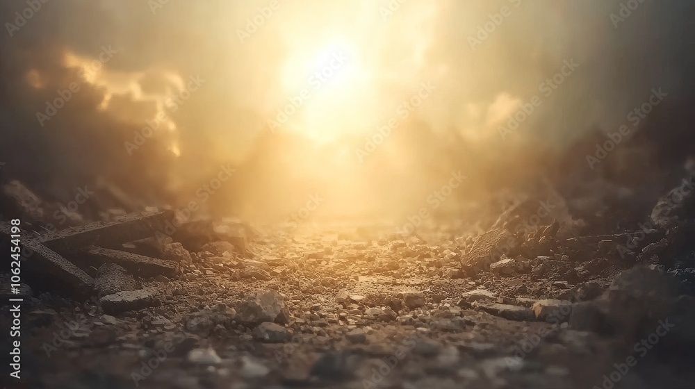 Naklejka premium A desolate landscape with rubble and debris scattered across the ground, with a hazy, golden sunset in the background.