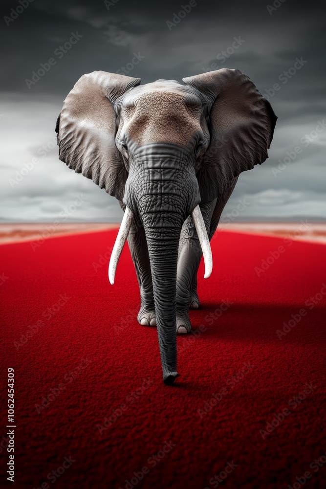 Obraz premium An elephant walking across a red field under a cloudy sky