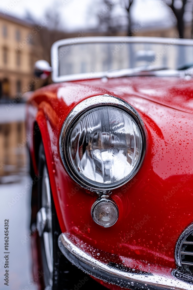 Fototapeta premium A red car is parked on the side of the road