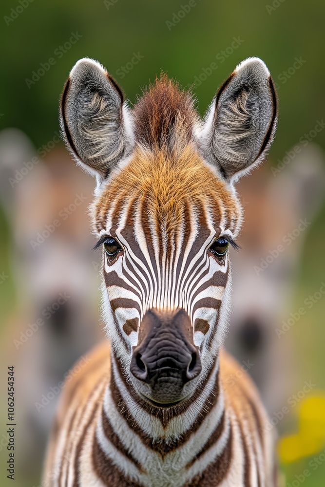 Naklejka premium A close up of a baby zebra looking at the camera