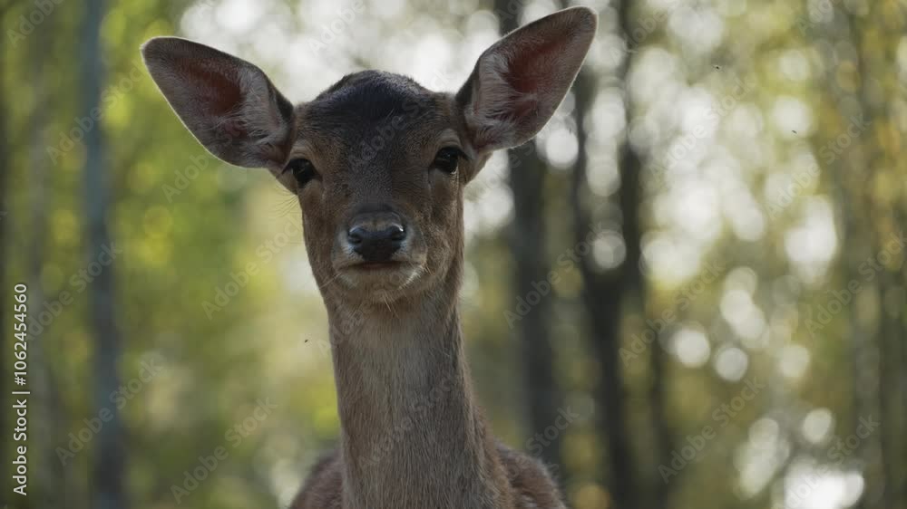 Whitetail spotted roe deer face close up wiggling ears slow motion. Young true deer grazing in the wild. Whitetail sika deer walking in forest Whitetail spotted roe deer face close up wiggling ears slow motion. Young true deer grazing in the wild. Whitetail sika deer walking in forest