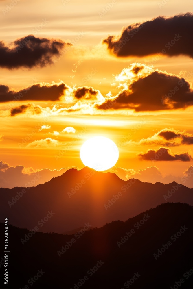 A sunset over a mountain range with the sun setting in the distance A sunset over a mountain range with the sun setting in the distance