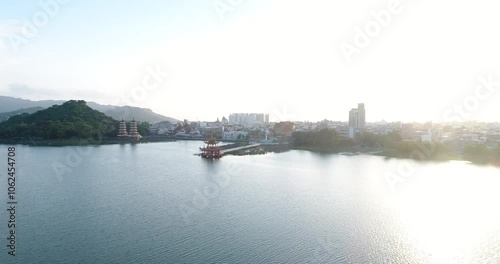 Aerial Drone Of Tourists Visiting Dragon And Tiger Pagodas In Kaohsiung City, Taiwan Travel