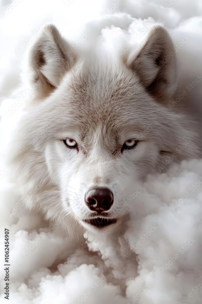 Obraz premium A white wolf laying in the snow with blue eyes