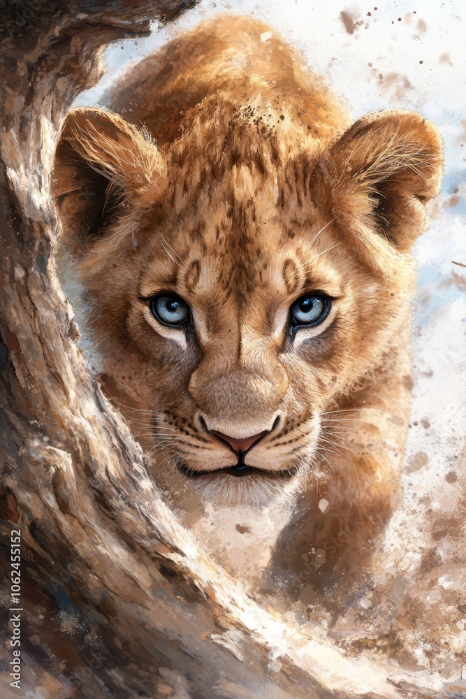 Naklejka premium A painting of a lion cub peeking out of a hole in a tree