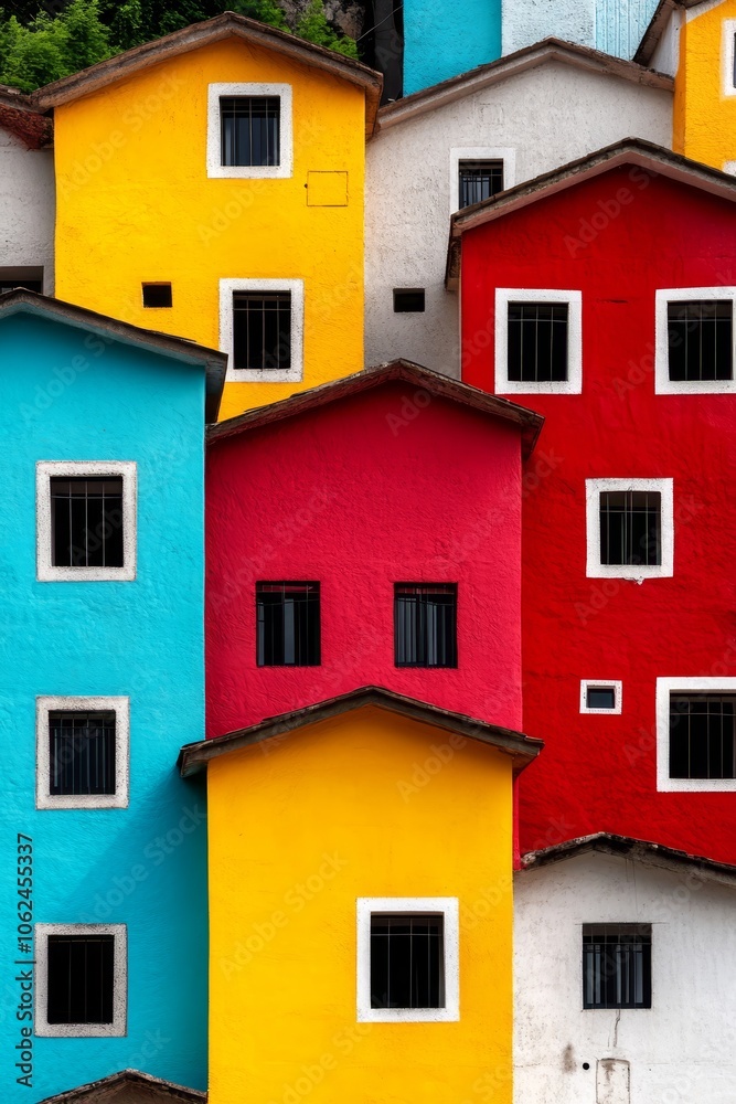 A group of colorful houses with windows on each side A group of colorful houses with windows on each side