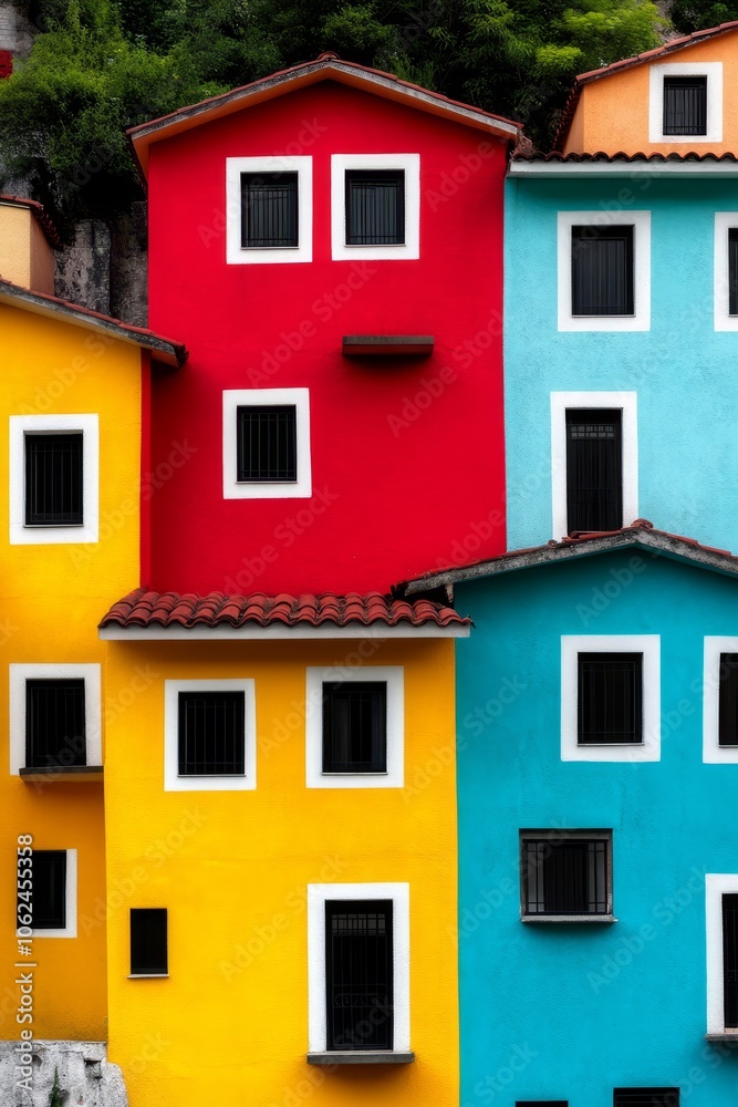A row of brightly colored houses with white windows A row of brightly colored houses with white windows