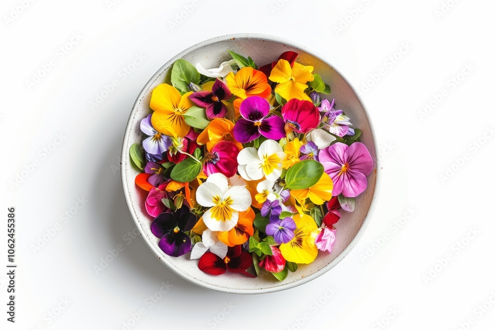 Assorted edible flowers and fresh greens in a ceramic bowl on a white background. Top view photography. Colorful culinary and healthy eating concept Assorted edible flowers and fresh greens in a ceramic bowl on a white background. Top view photography. Colorful culinary and healthy eating concept